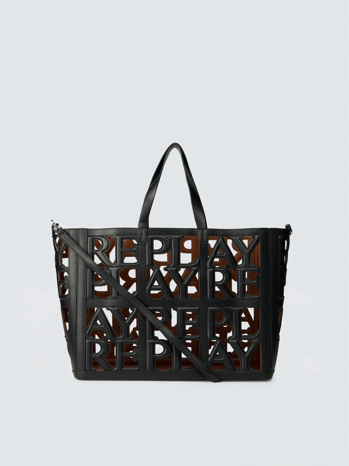 REPLAY BAG WITH LETTERING AND BUCKET BAG FW3837.000.A2002B BLACK+CAMBRIDGE BROWN 1