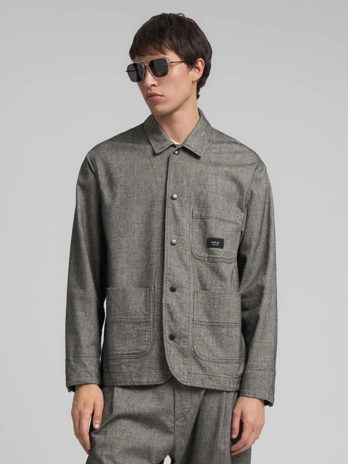 REPLAY HERRINGBONE OVERSHIRT MV872 .000.85389 BLACK/NATURAL WHITE 2