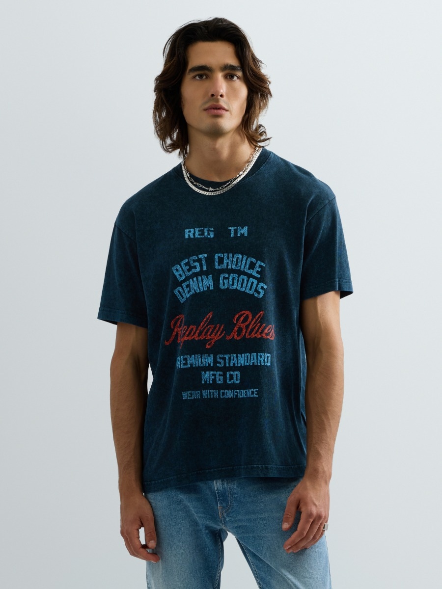 REPLAY REGULAR-FIT T-SHIRT WITH USED-EFFECT LETTERING M12BE .000.7227PG SAILOR BLUE 2