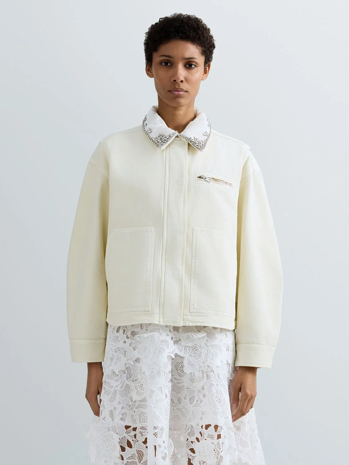 REPLAY JACKET WITH RHINESTONE-DETAILED COLLAR W7939 .000.85424G CHALK 2