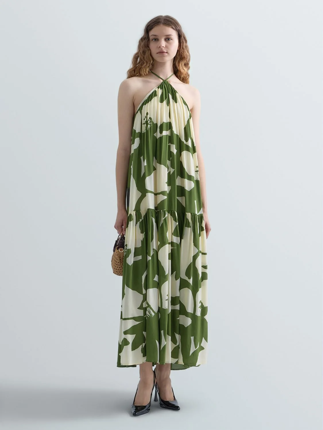 REPLAY LONG A-LINE DRESS WITH FLORAL PRINT W9245 .000.75108 WHITE/GREEN 1