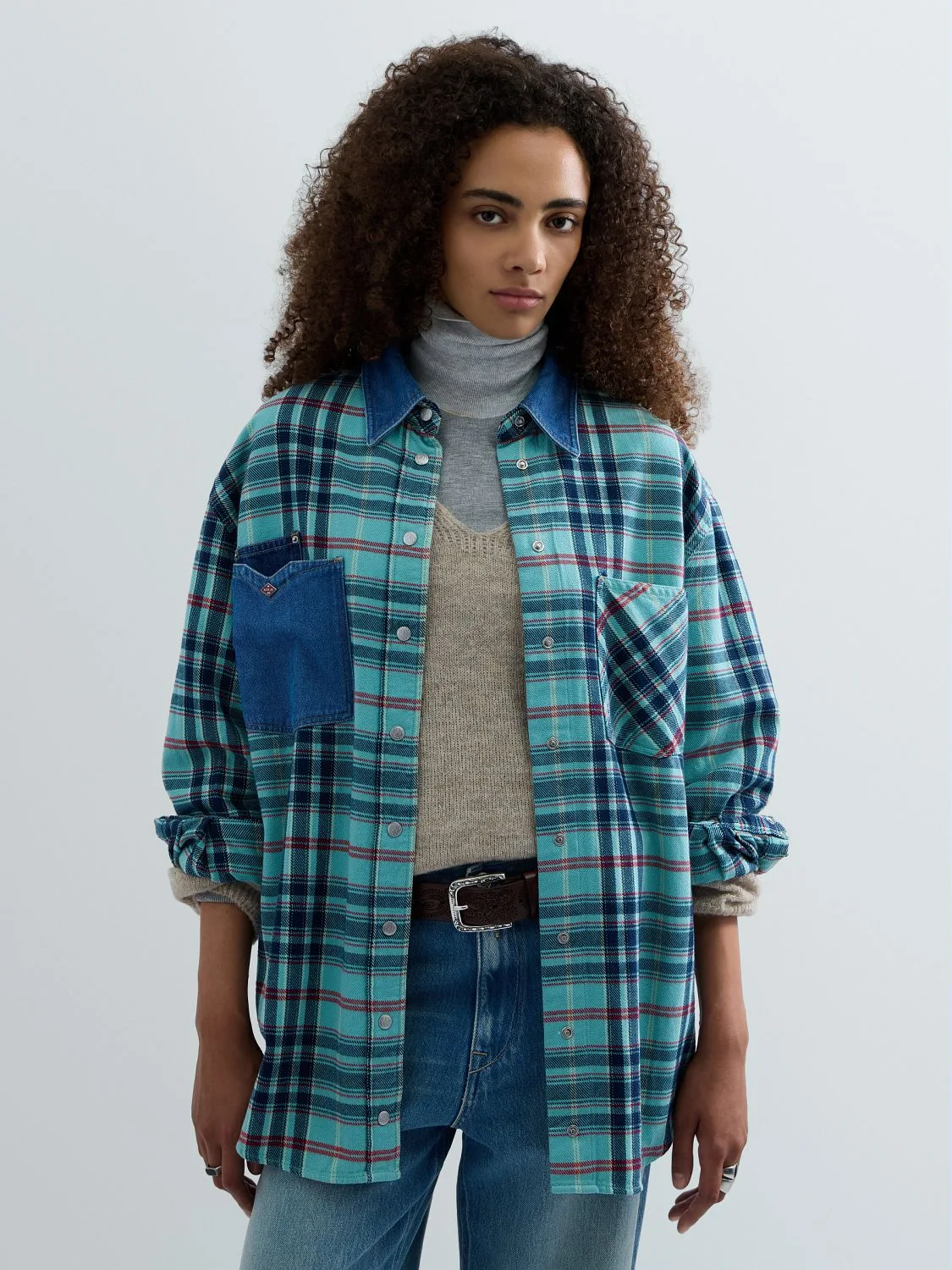 REPLAY CHEQUERED SHIRT WITH DENIM DETAILS W002T .000.00QYBW CHECKTURQUOISE/BLUE/RED/YELLOW 2