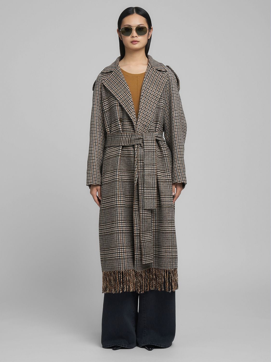 REPLAY CHEQUERED WOOL-BLEND COAT WITH FRINGING W7915 .000.52806 BLACK/BROWN/COFFÈ/WINTER WHITE 2
