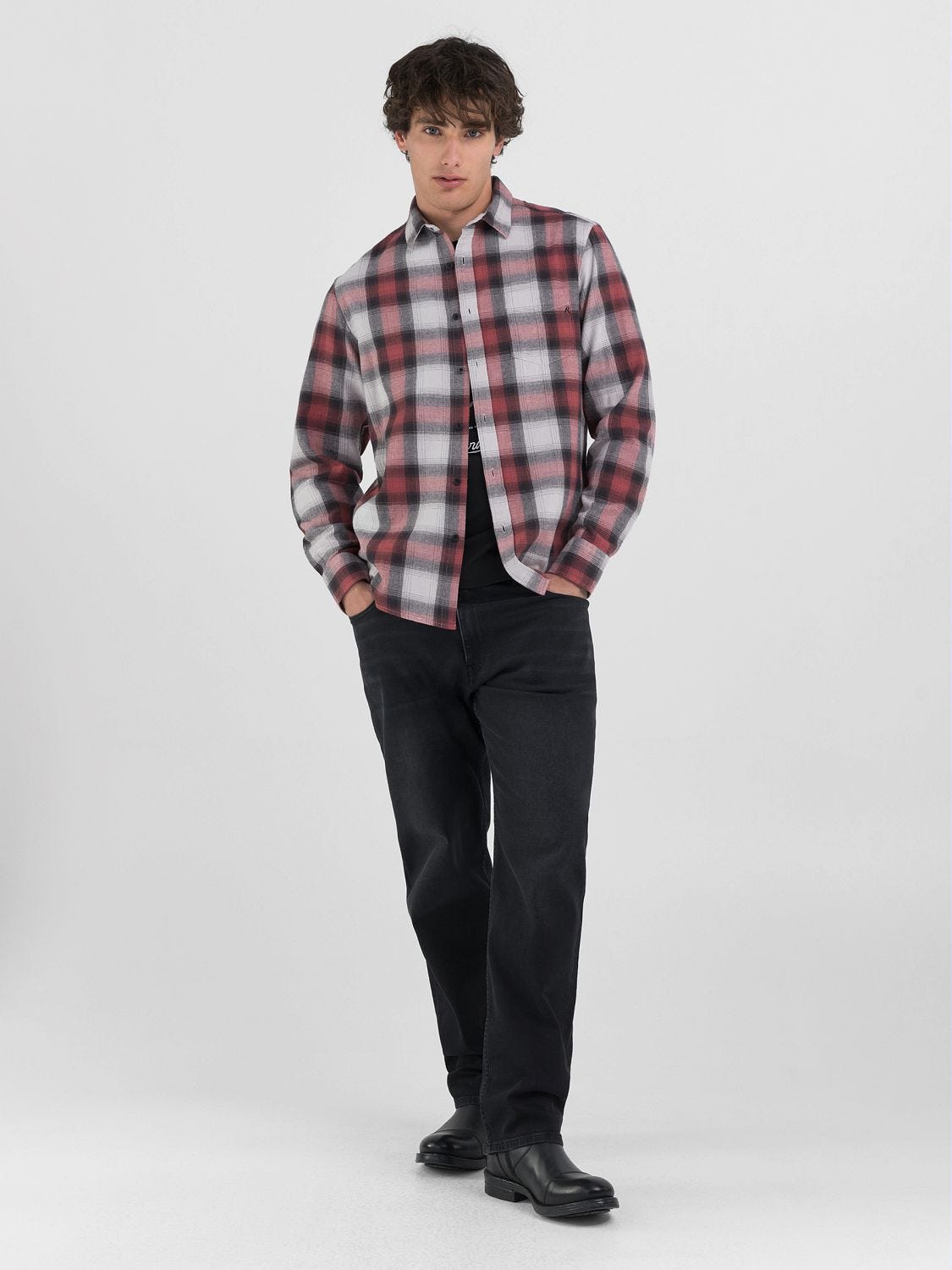 Chequered flannel shirt Natural white/red/black | Replay Jeans