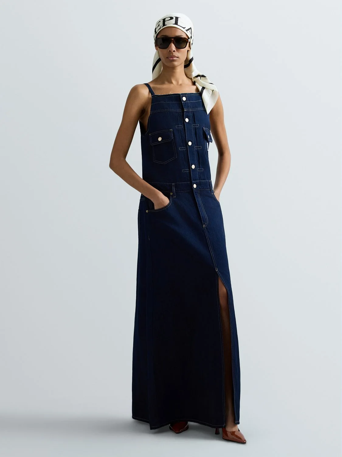 REPLAY LONG DENIM AND LINEN DRESS W9577 .000.246 181 DARK BLUE 1