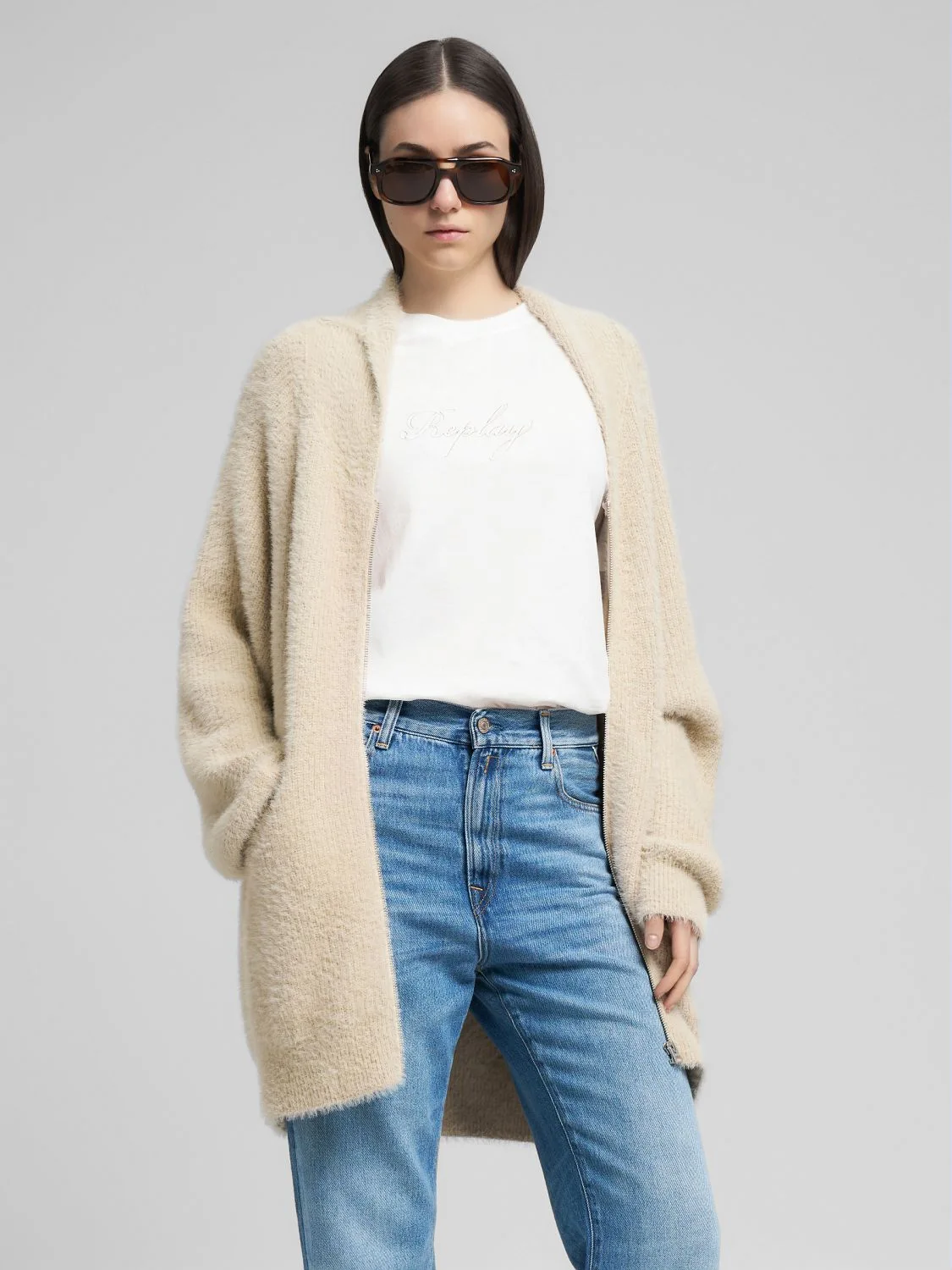 REPLAY LANGER CARDIGAN MIT RESSVERSCHLUSS DK3917.000.G23916 BROWN RICE 2