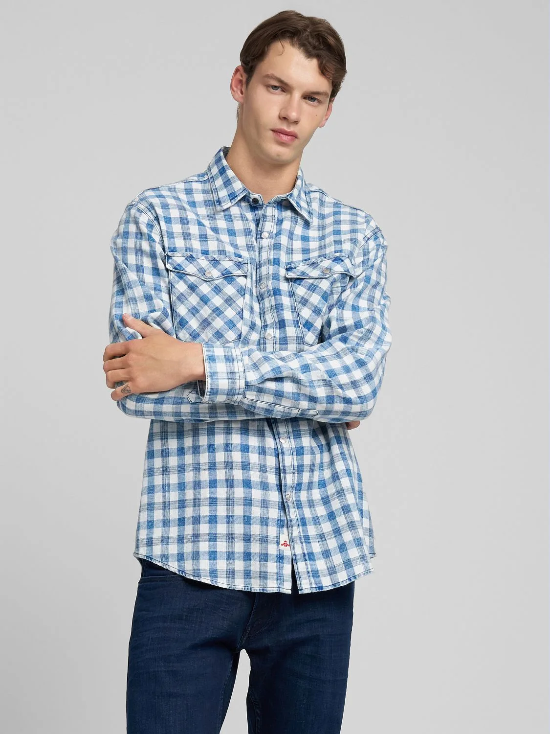 REPLAY CHEQUERED COTTON SHIRT M4151 .000.52822 LT INDIGO/NATURAL WHITE 2