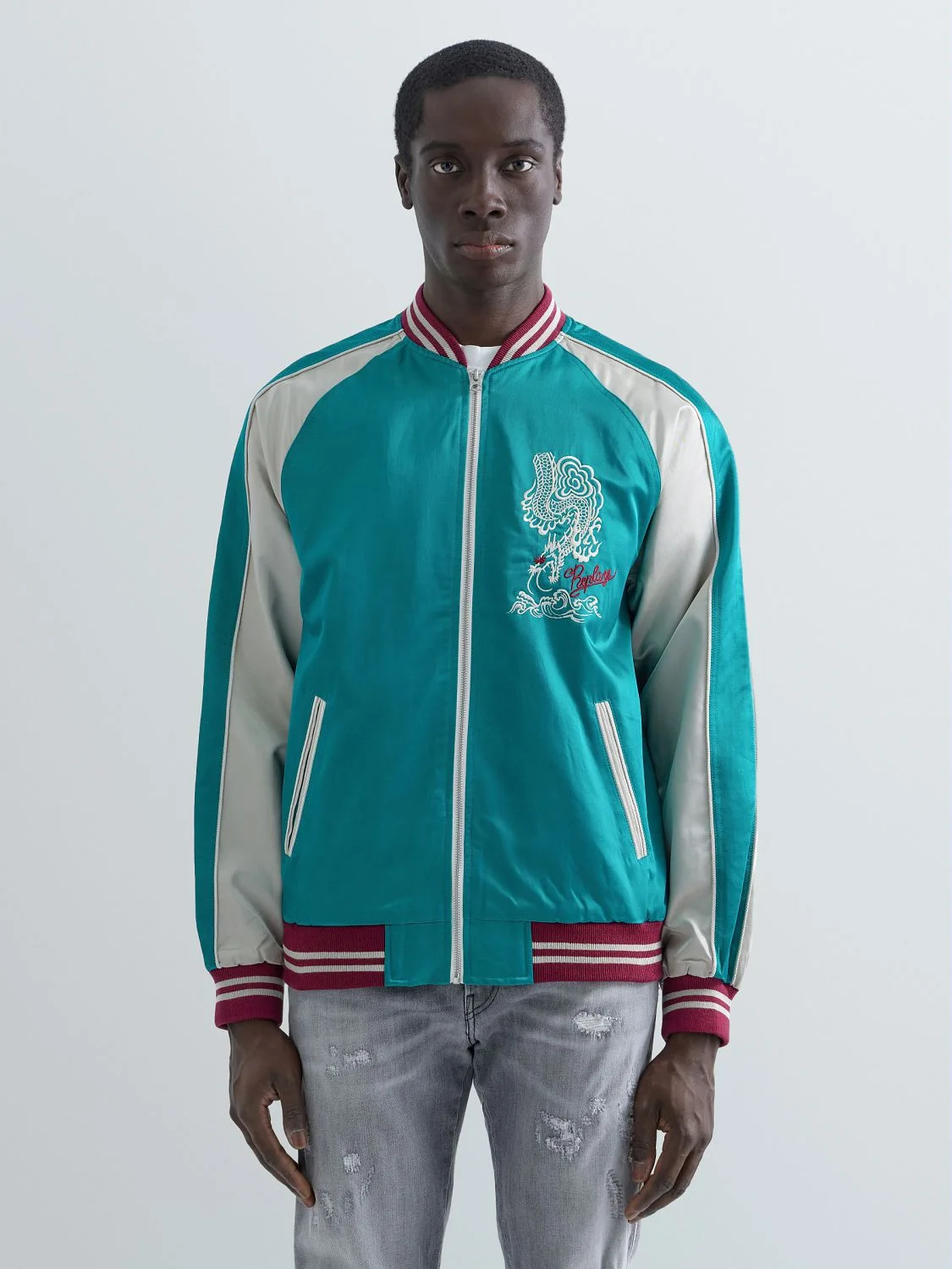 REPLAY SATIN BOMBER JACKET WITH DRAGON M8533 .000.85142 IVY GREEN 2