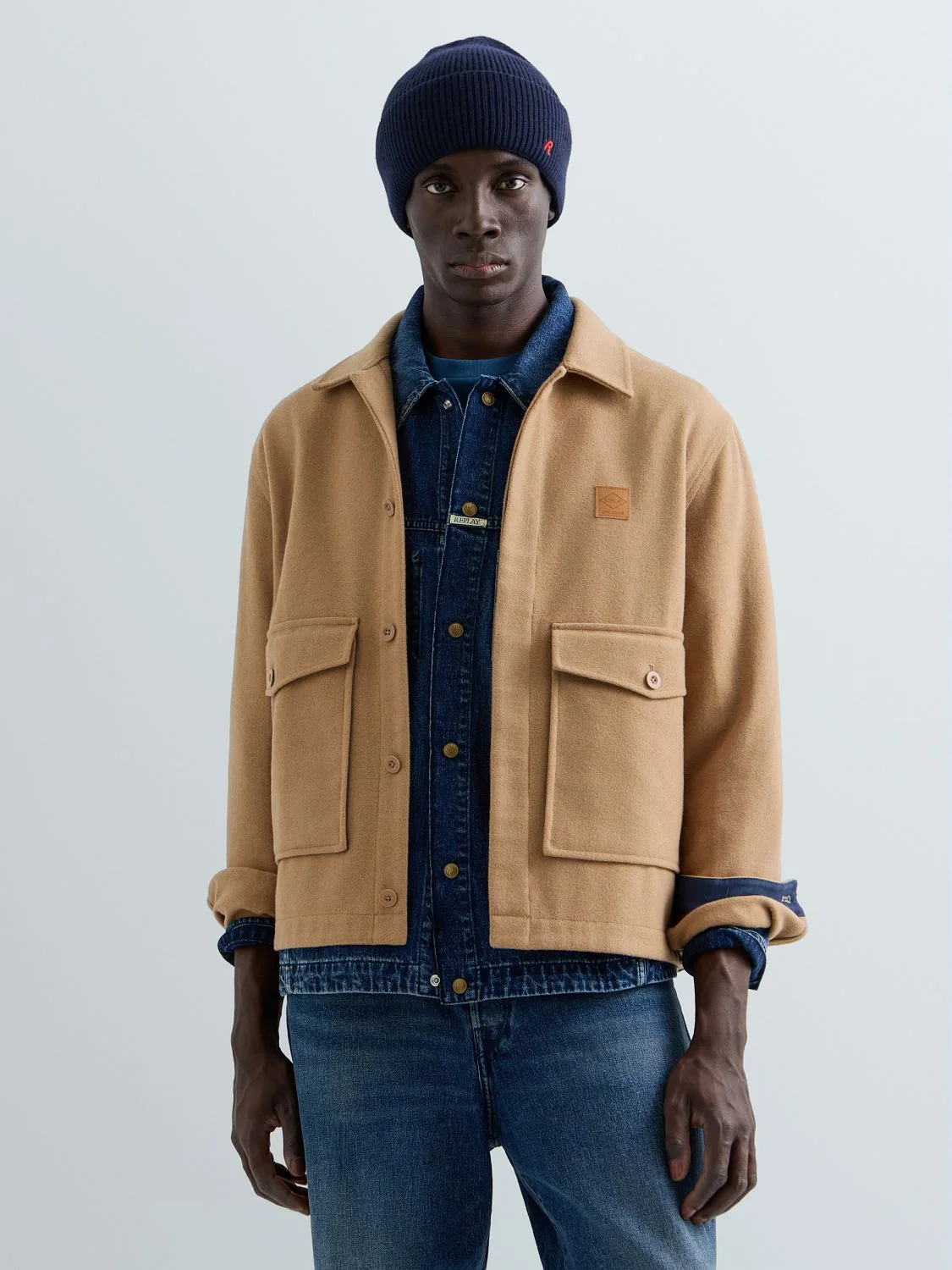 REPLAY WOOL-BLEND JACKET WITH POCKETS M0011 .000.00QL6 ICED COFFEE 2