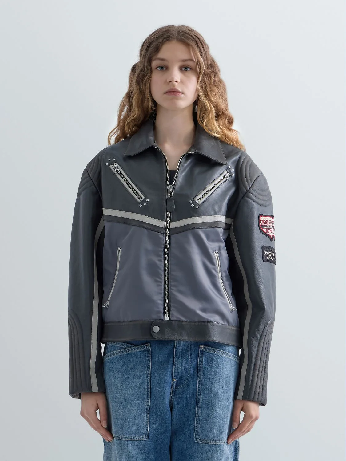 REPLAY LEATHER BIKER JACKET W7945 .000.10373 DK GREY/LIGHT GREY/BUTTER 2