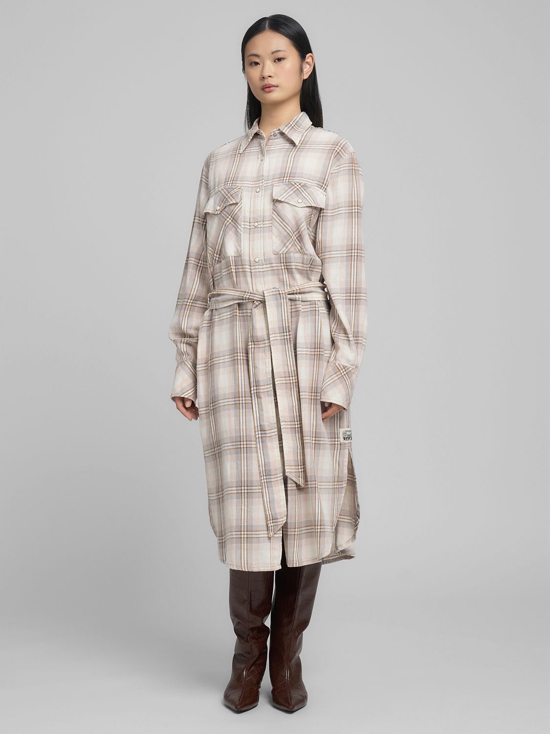 REPLAY CHEQUERED COTTON MIDI DRESS W9178 .000.52836 GRAY/BROWN/SAND/WINTER WHITE 1