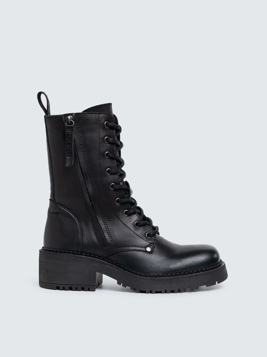 REPLAY RAVEN ZIP LEATHER COMBAT BOOTS GWLA3 .000.C0204L BLACK 1