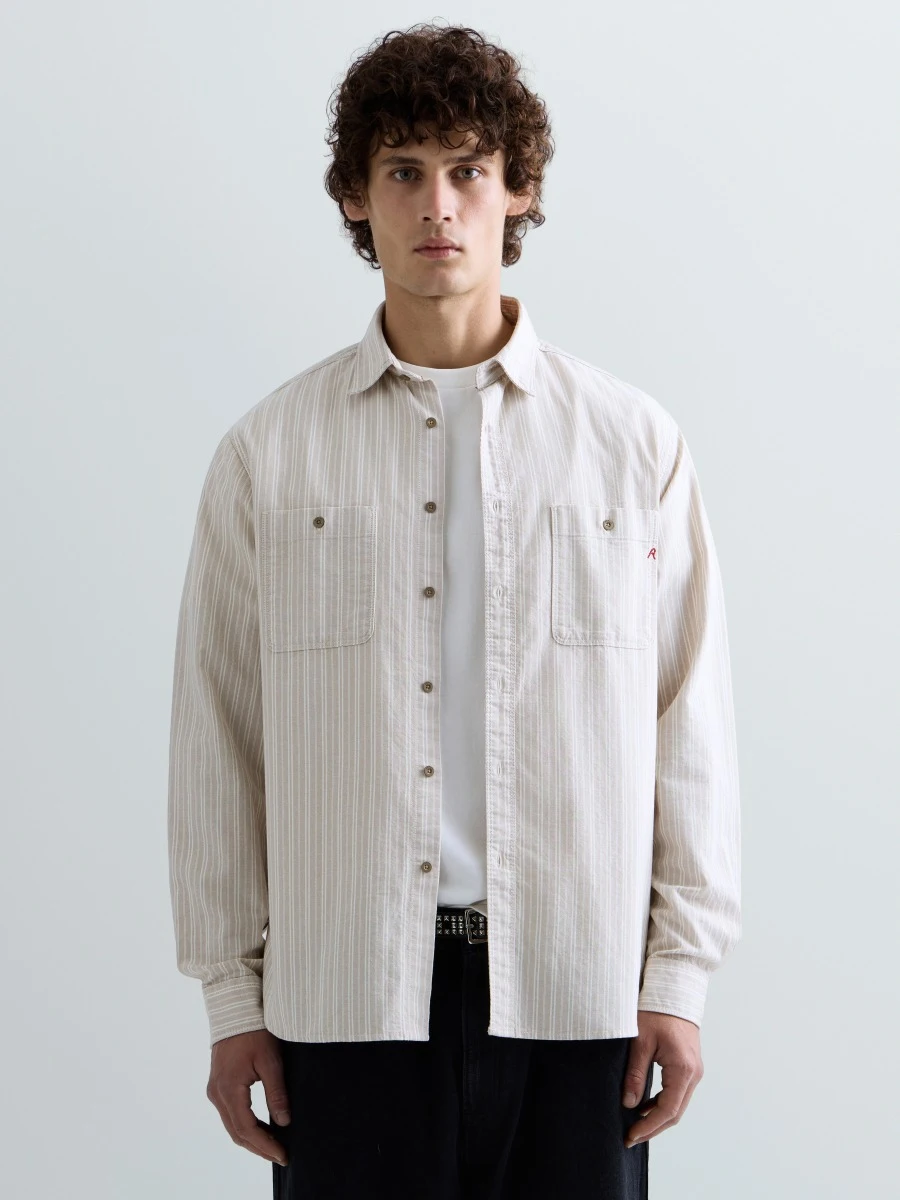 REPLAY STRIPED OXFORD COTTON SHIRT M105Z .000.723Z6W BEIGE/WHITE STRIPE 2