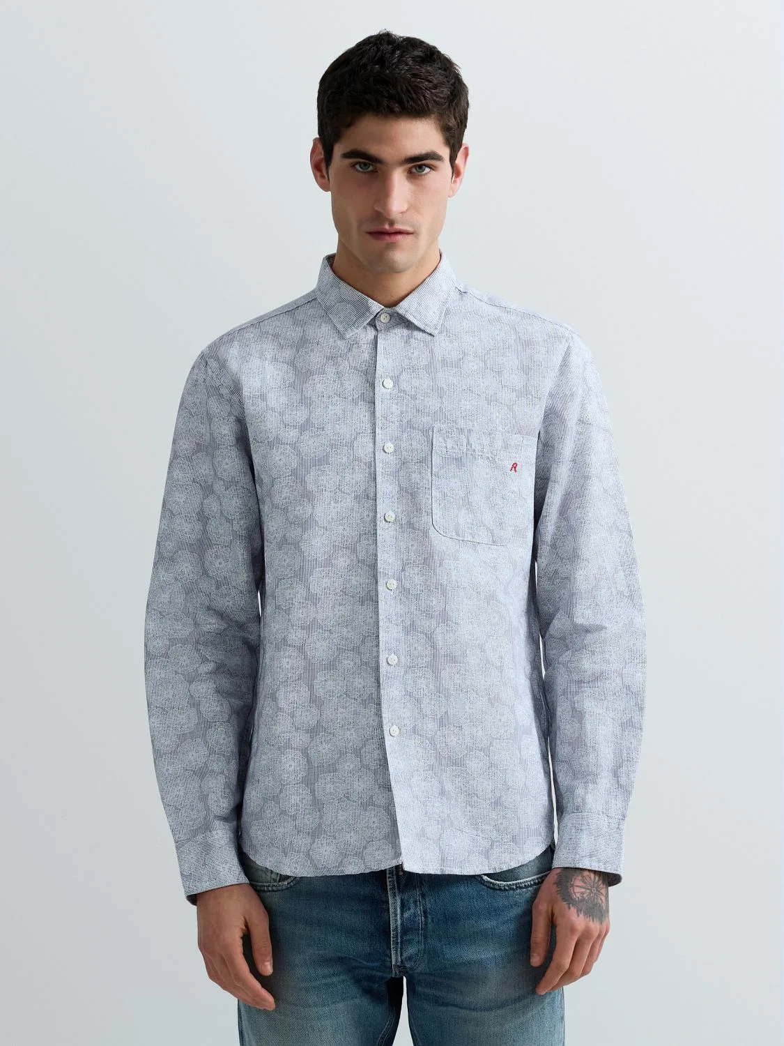 REPLAY FLORAL-PRINT LINEN AND COTTON SHIRT M4148 .000.75090 WHITE/LIGHT BLUE 2
