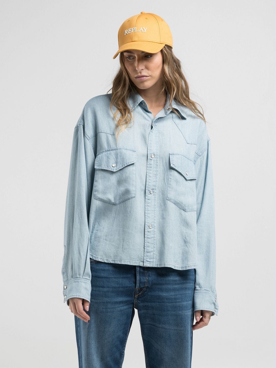 Distressed-effect denim miniskirt Medium blue | Replay Jeans