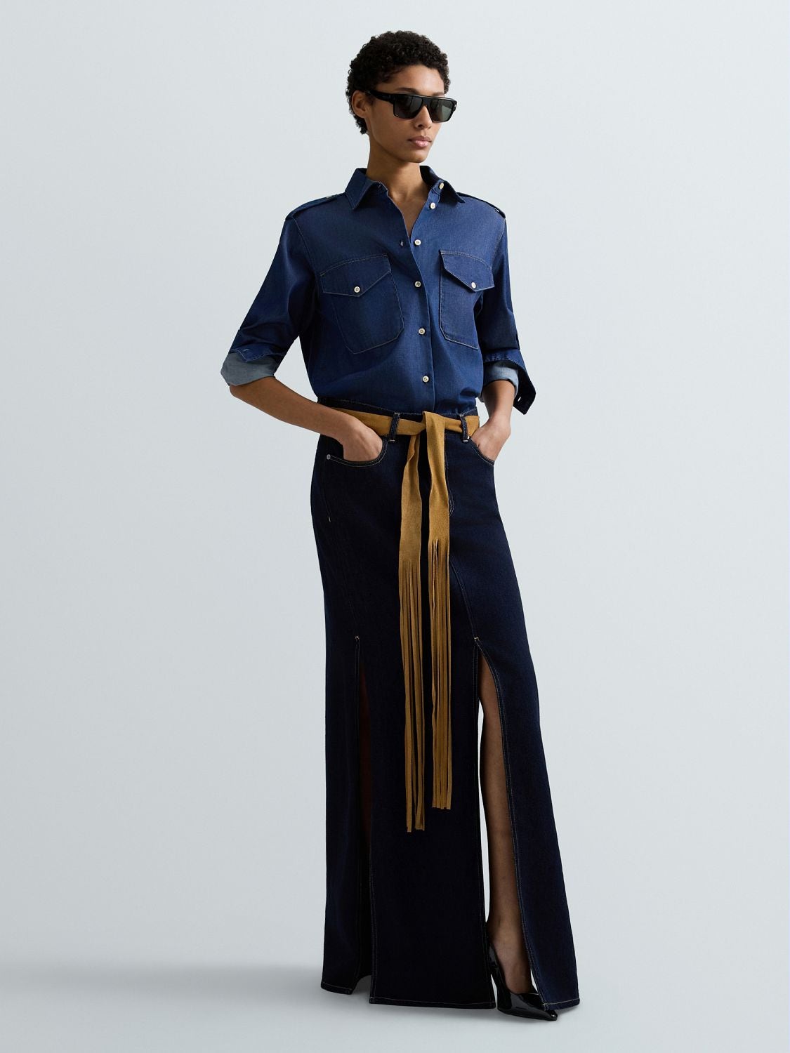 Long dark denim skirt with slits Dark blue | Replay Jeans