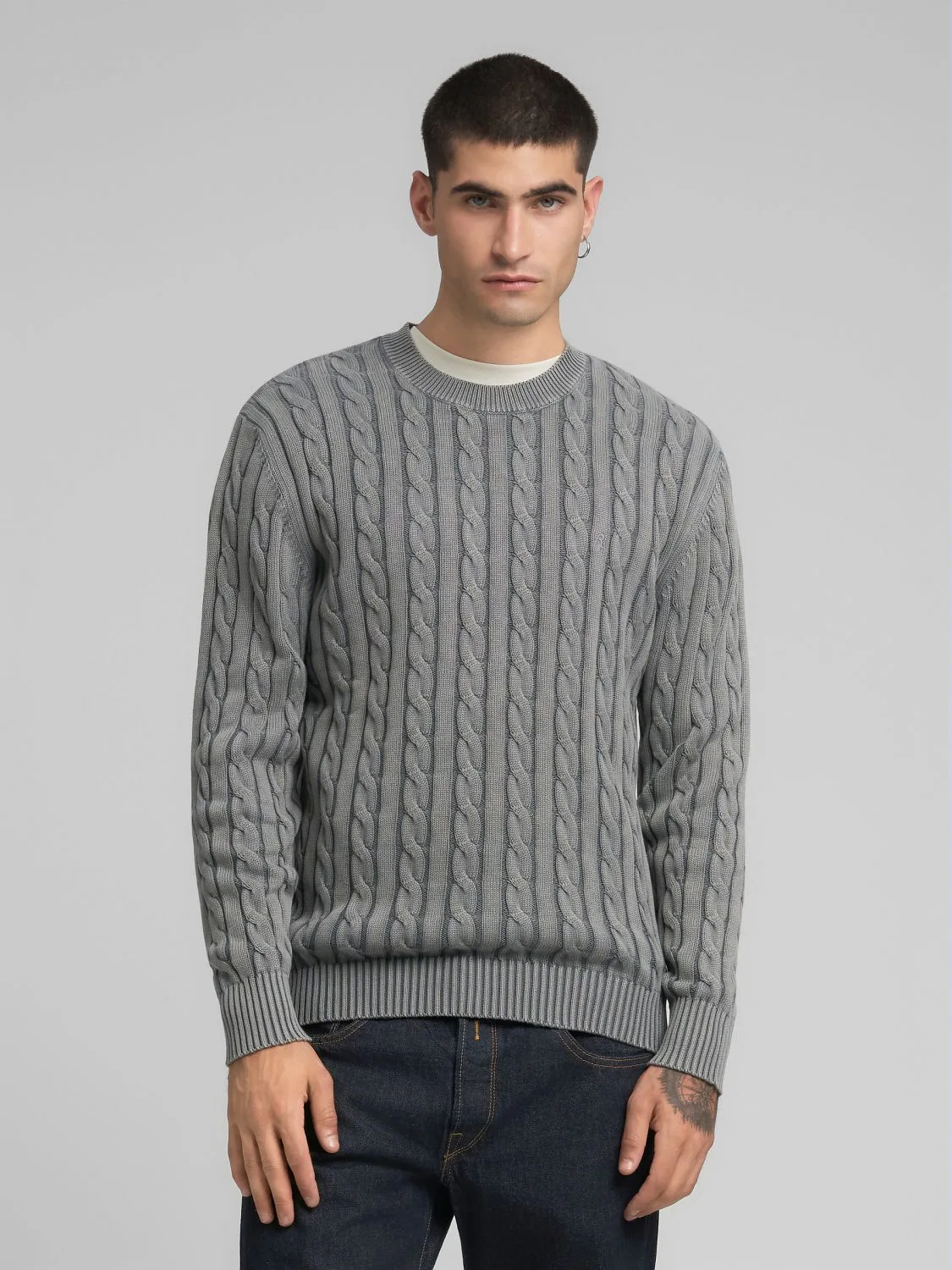 REPLAY COTTON PULLOVER WITH CABLE KNIT DETAILING UK4866.000.G21280G STEEL GREY 2