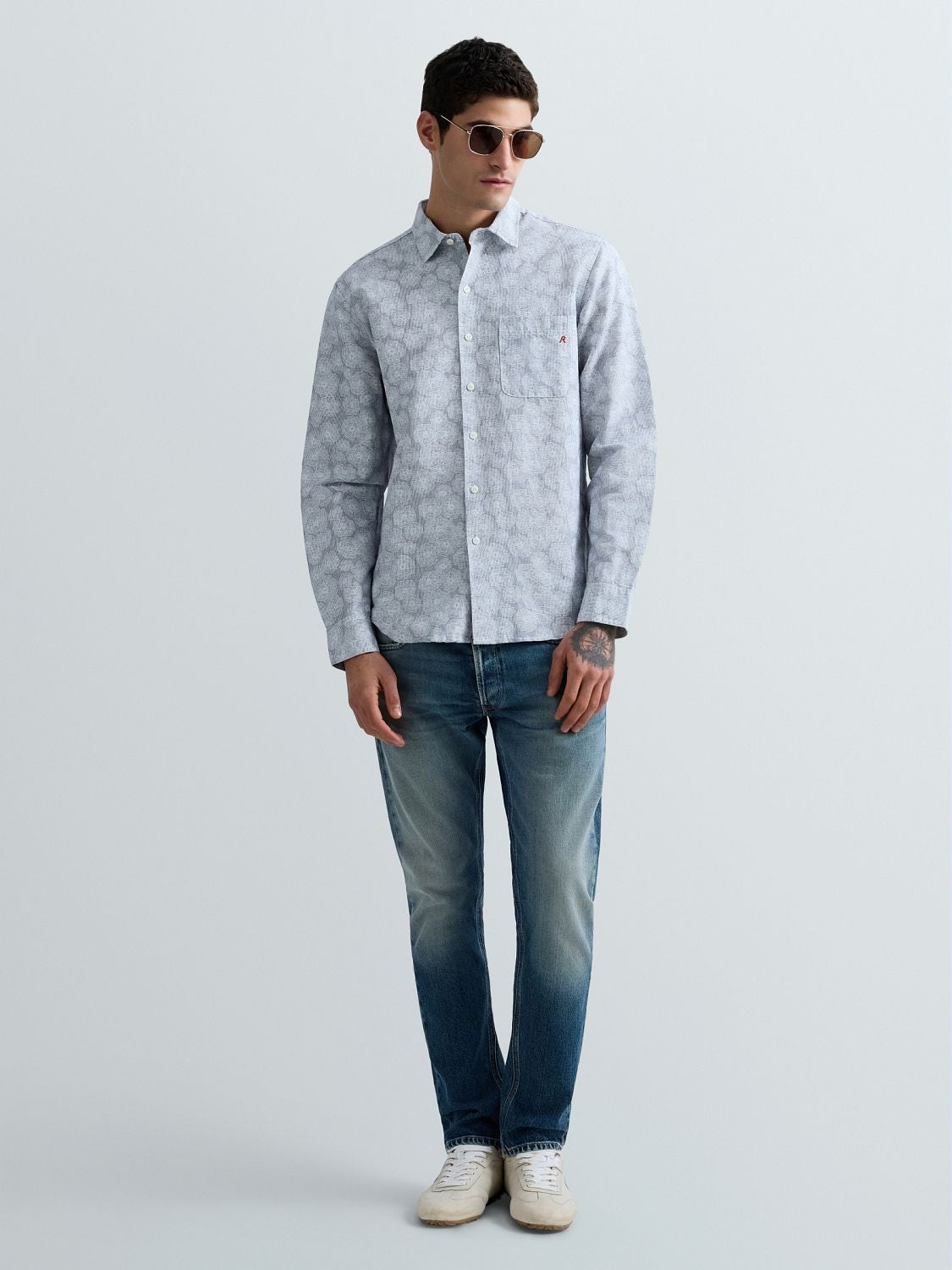 REPLAY CHEMISE EN LIN ET COTON AVEC IMPRIMÉ FLORAL M4148 .000.75090 WHITE/LIGHT BLUE 1