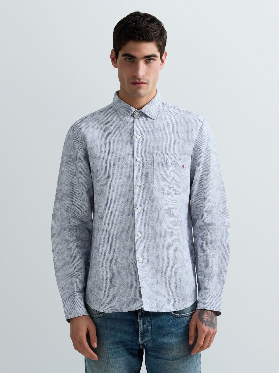 REPLAY CHEMISE EN LIN ET COTON AVEC IMPRIMÉ FLORAL M4148 .000.75090 WHITE/LIGHT BLUE 2