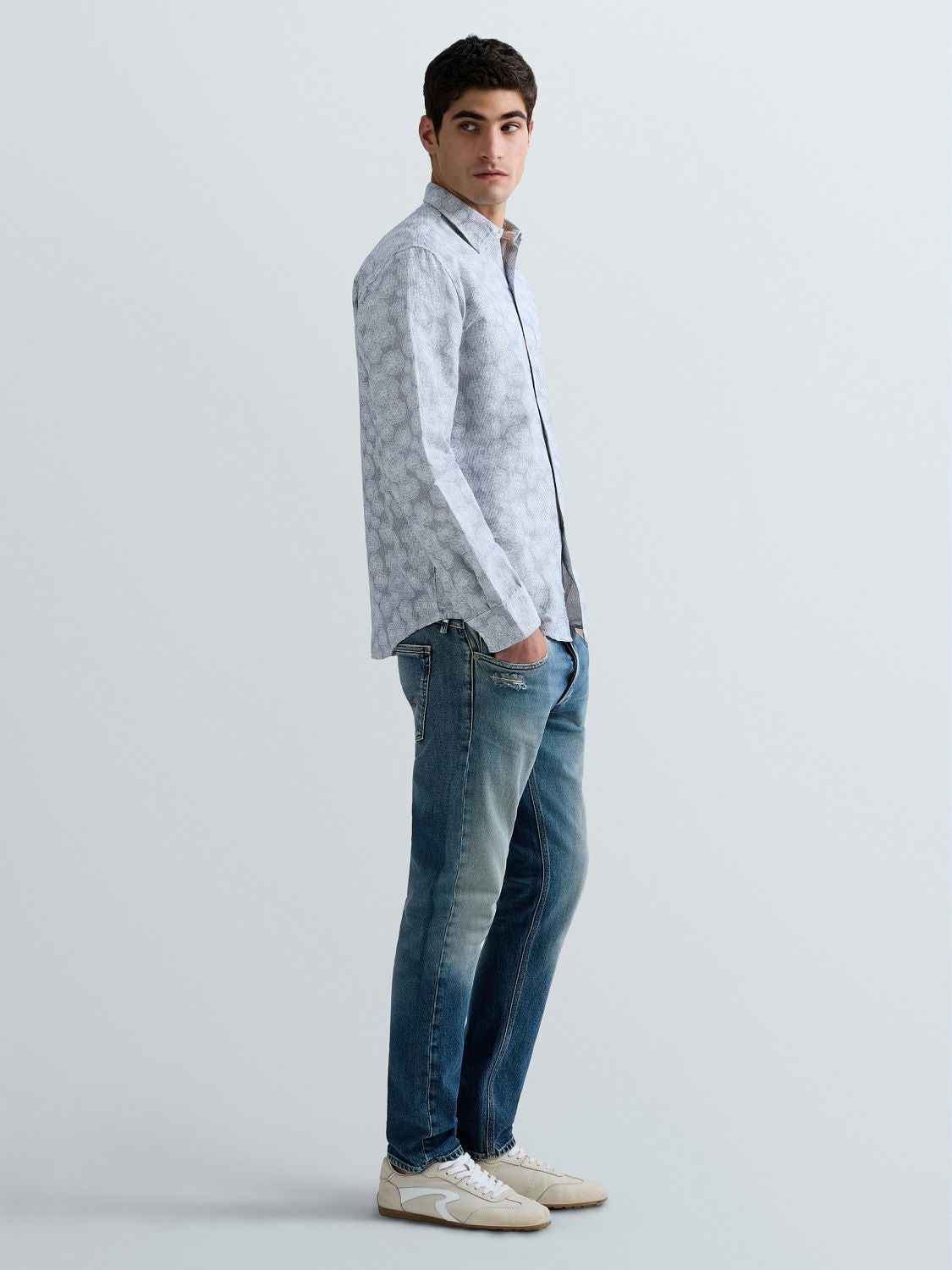 REPLAY CHEMISE EN LIN ET COTON AVEC IMPRIMÉ FLORAL M4148 .000.75090 WHITE/LIGHT BLUE 4