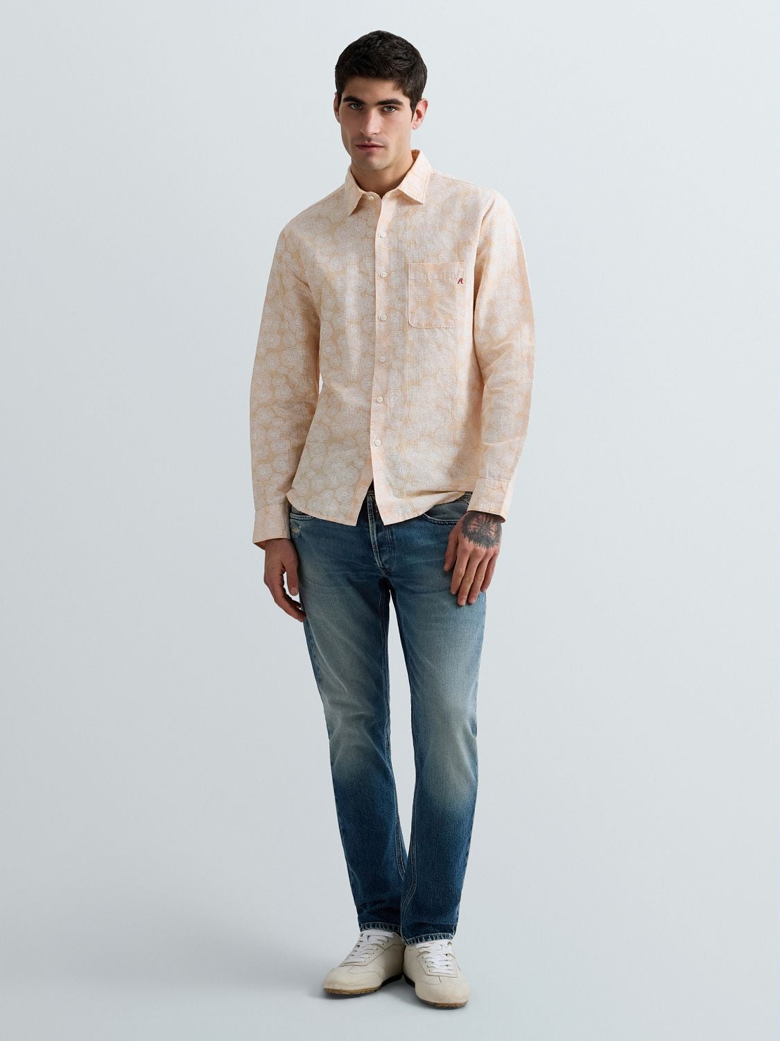 REPLAY CHEMISE EN LIN ET COTON AVEC IMPRIMÉ FLORAL M4148 .000.75090 WHITE/LIGHT ORANGE 1