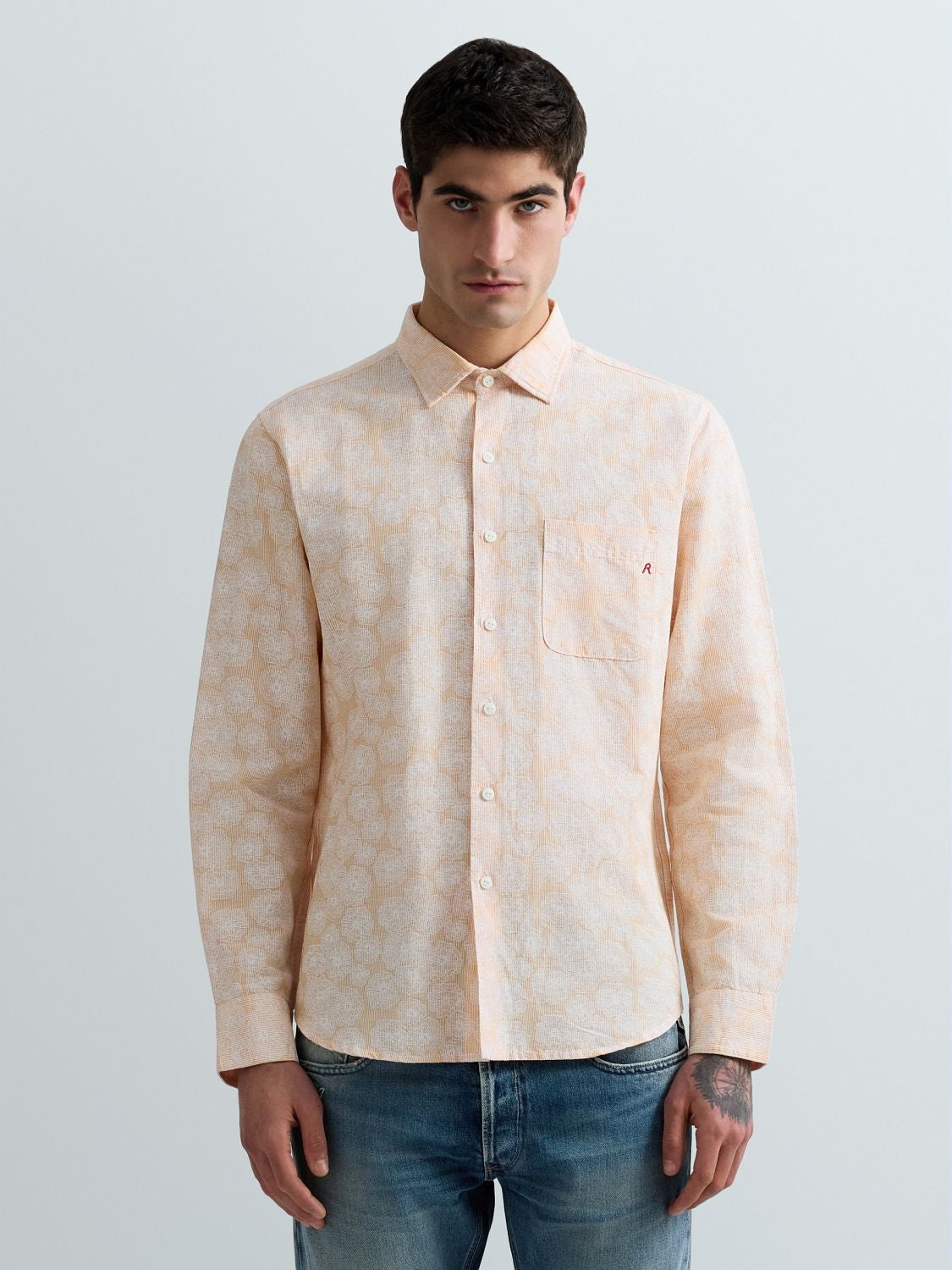 REPLAY CHEMISE EN LIN ET COTON AVEC IMPRIMÉ FLORAL M4148 .000.75090 WHITE/LIGHT ORANGE 2