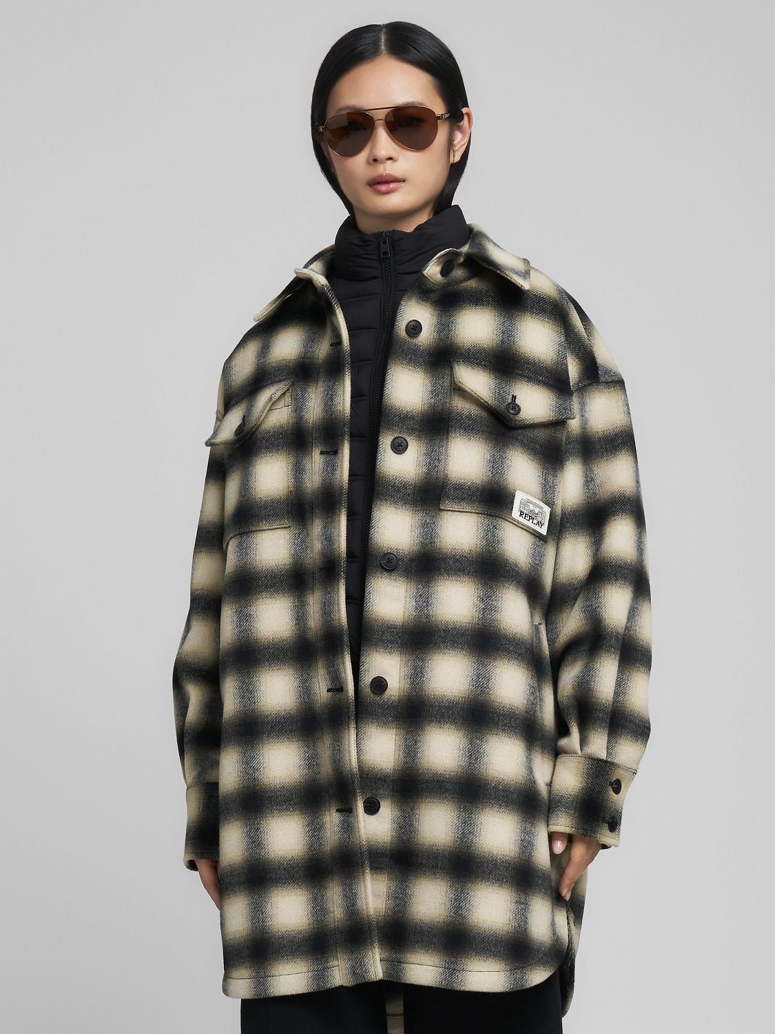 REPLAY BLOUSON EN LAINE MÉLANGÉE À CARREAUX W7916 .000.52804 BLACK/SAND/WINTER WHITE 2