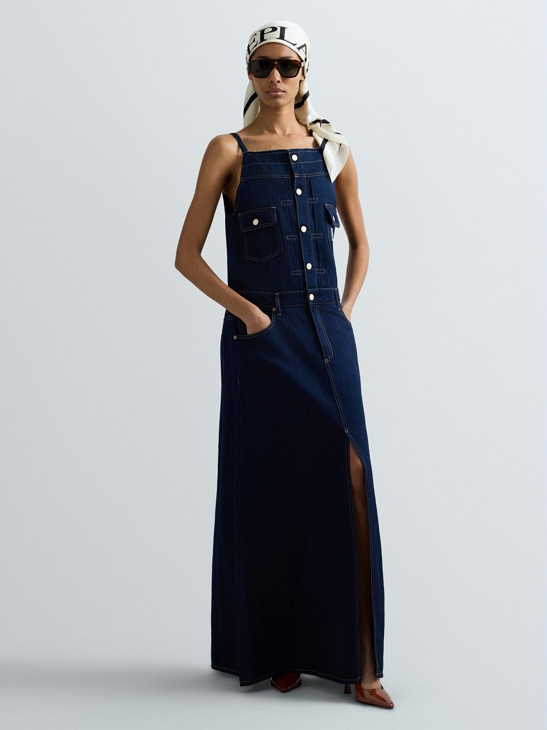 REPLAY LONG DENIM AND LINEN DRESS W9577 .000.246 181 DARK BLUE 1