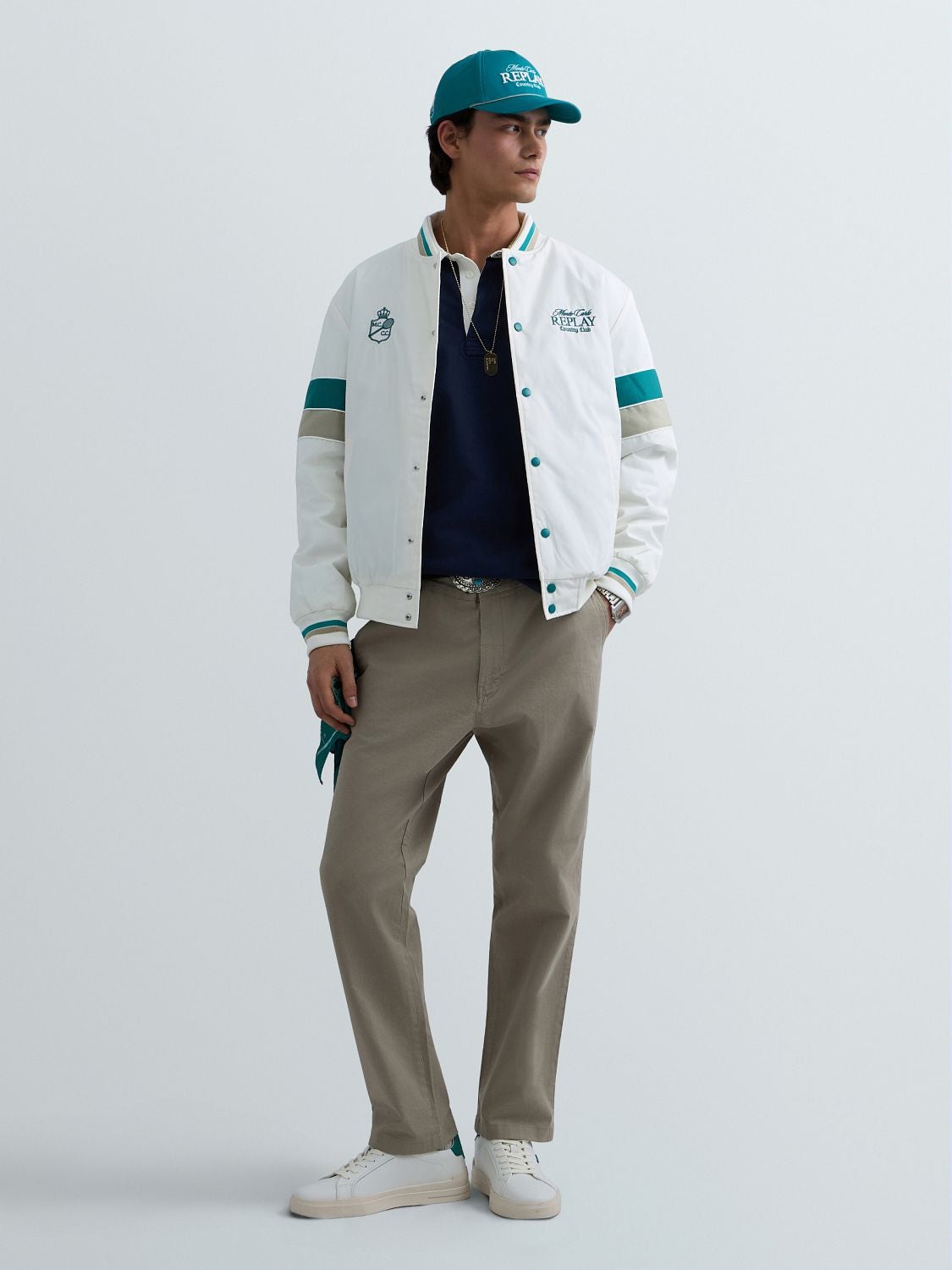 REPLAY MONTE CARLO COUNTRY CLUB COLLECTION BOMBER JACKET WITH CONTRASTING BANDS M0026 .000.00QKY GARDENIA 1