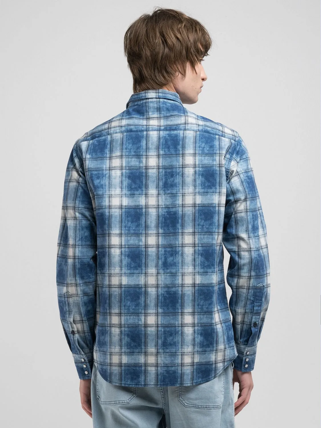 Chequered indigo denim shirt Medium blue | Replay Jeans