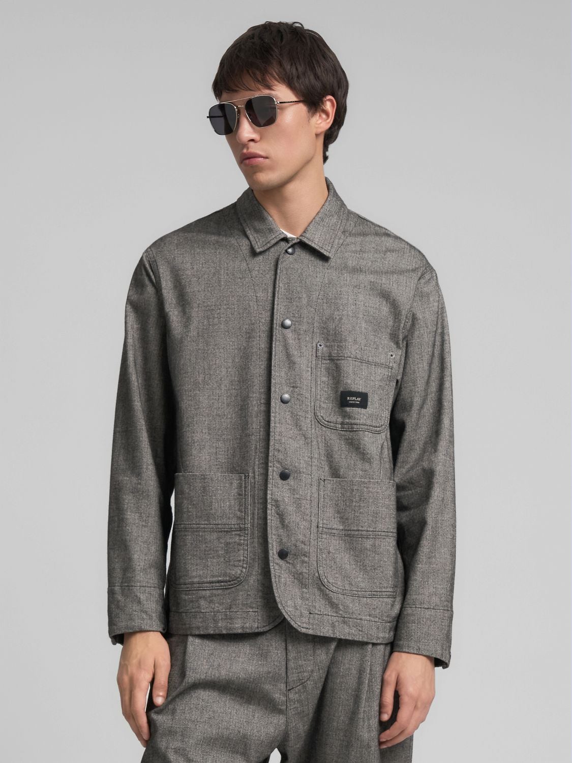 REPLAY HERRINGBONE OVERSHIRT MV872 .000.85389 BLACK/NATURAL WHITE 2