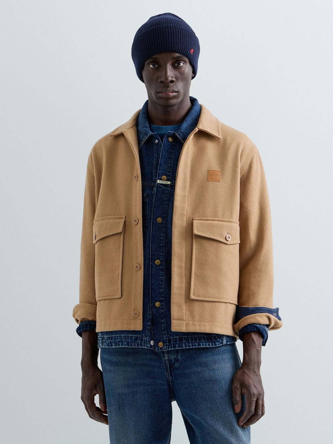 REPLAY WOOL-BLEND JACKET WITH POCKETS M0011 .000.00QL6 ICED COFFEE 2