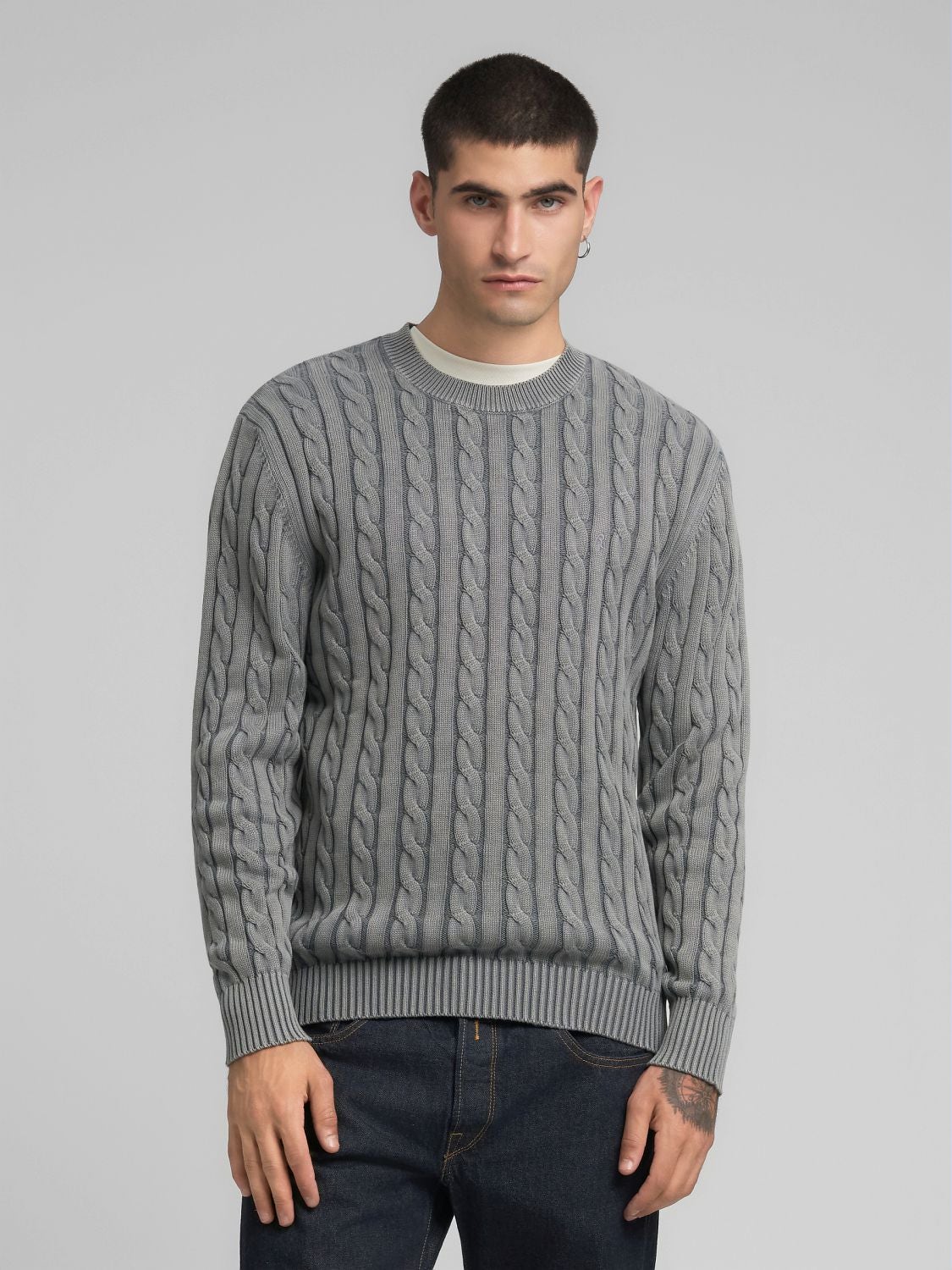 REPLAY COTTON PULLOVER WITH CABLE KNIT DETAILING UK4866.000.G21280G STEEL GREY 2