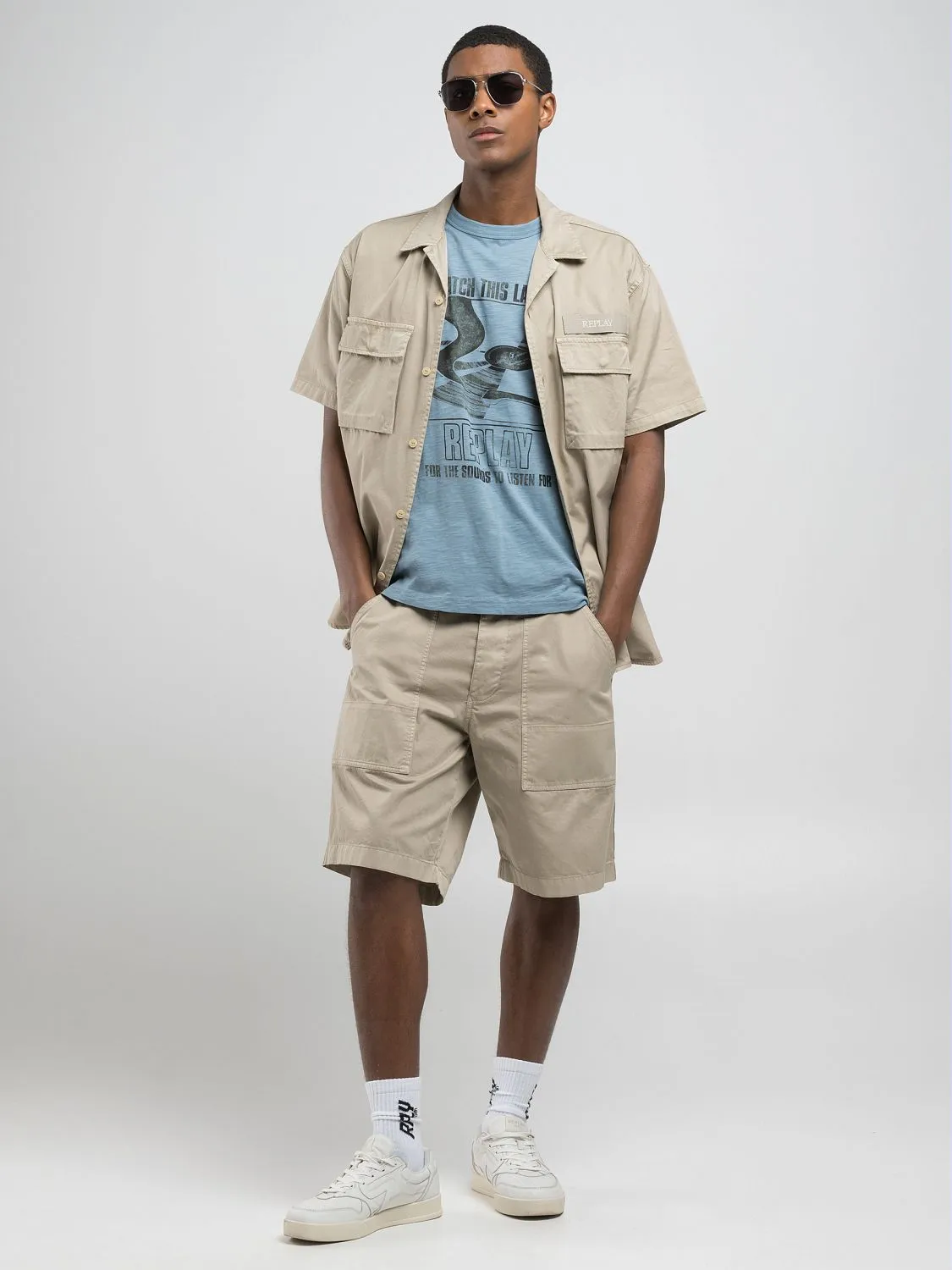 送料込★REPLAY★M3028.000.22336GTシャツ Shot jersey t-shirt with print Steel blue | Replay Jeans