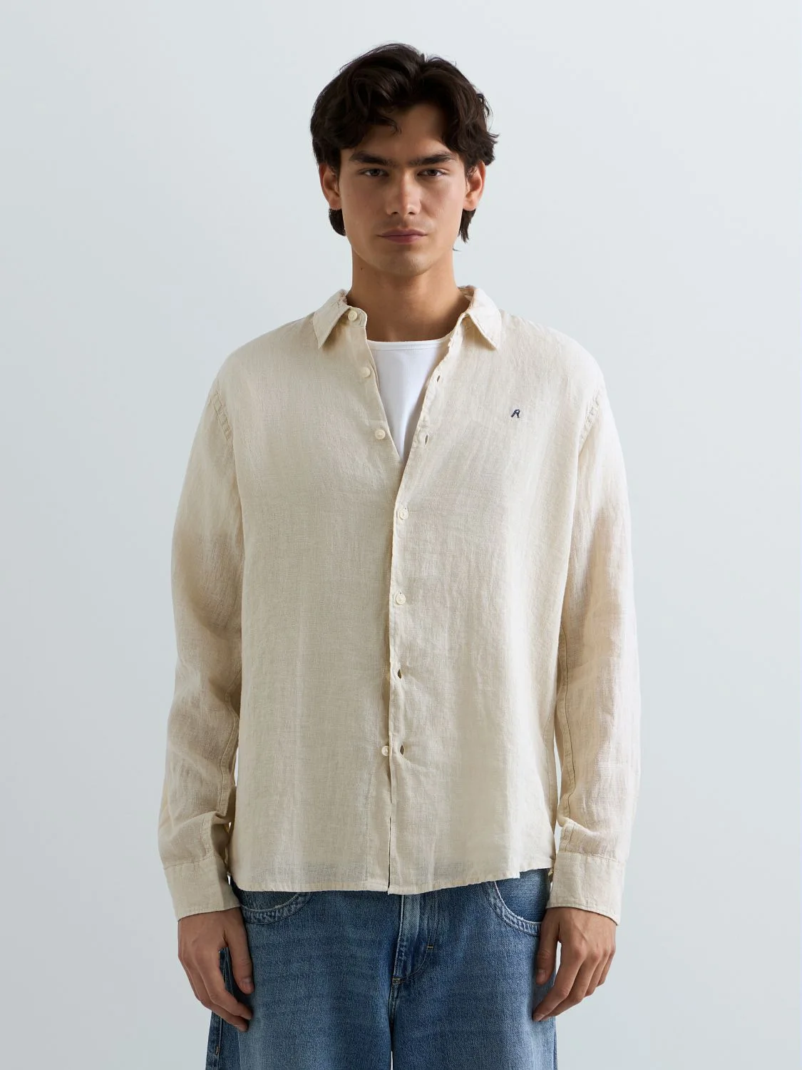 REPLAY REGULAR-FIT LINEN SHIRT M4159 .000.81388B BONE 2