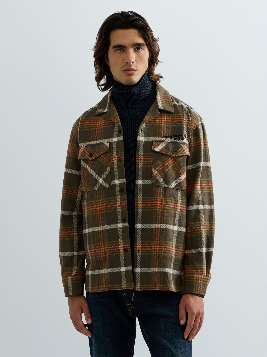 美品　CLANE CHECK OVER SHRIT JACKET Chequered overshirt Milit/orange/white/camel check | Replay Jeans