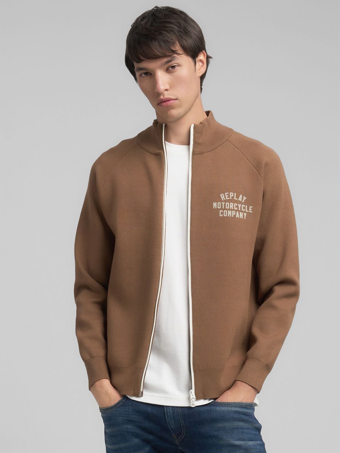 REPLAY HIGH-NECK FULL-ZIP KNIT SWEATSHIRT UK4880.000.G23896 TOBACCO 2