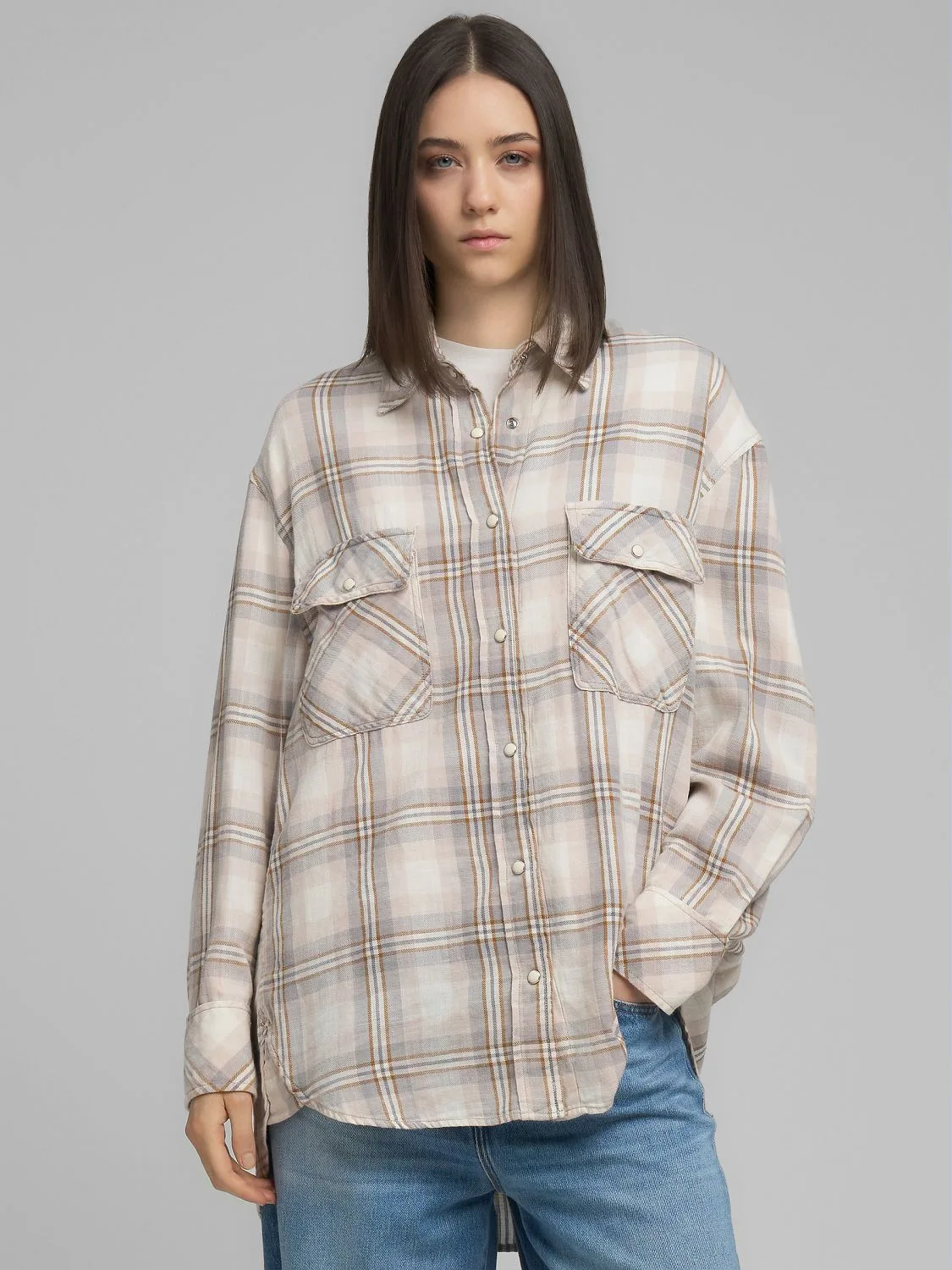 REPLAY CHEQUERED COTTON TWILL SHIRT W2199 .000.52836 GRAY/BROWN/SAND/WINTER WHITE 2
