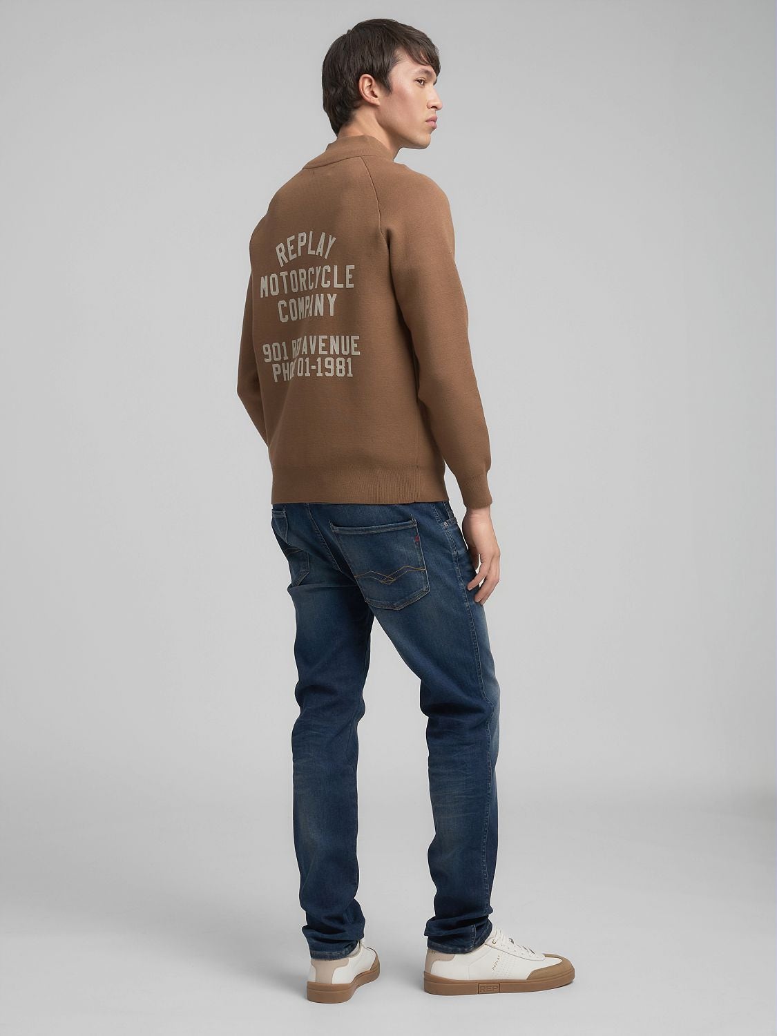 High-neck full-zip knit sweatshirt Tobacco | Replay Jeans