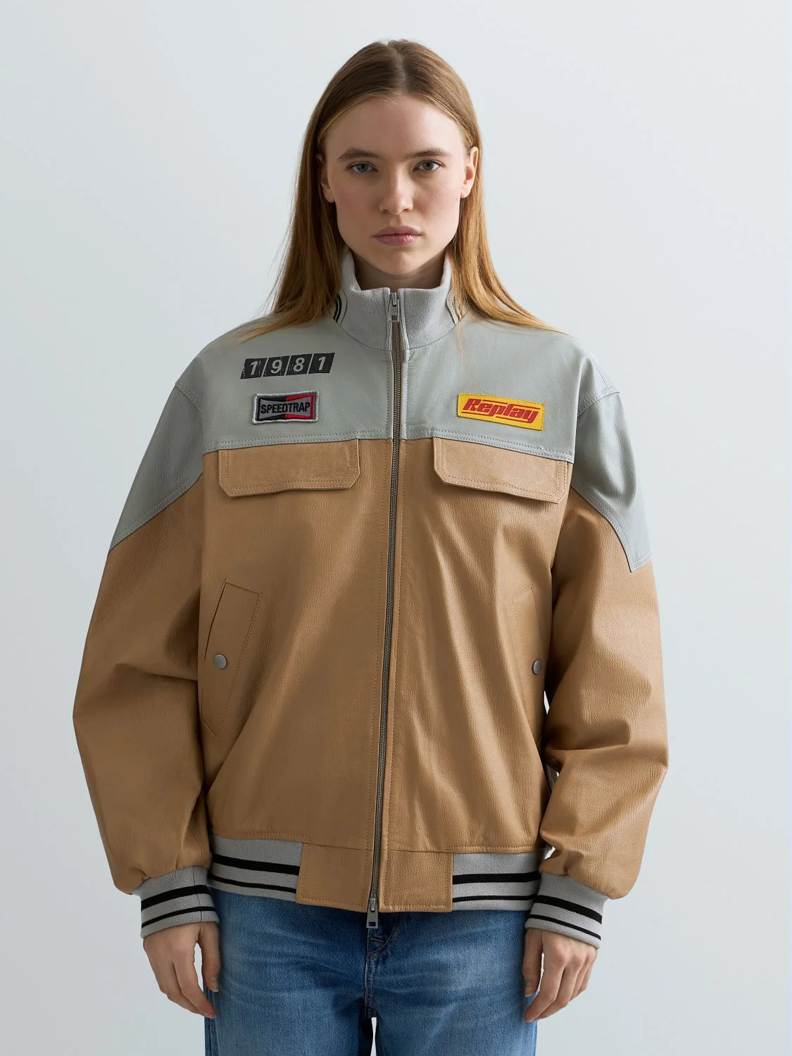 REPLAY TWO-TONE LEATHER VARSITY JACKET W7941 .000.85230 SAND/BUTTER 2