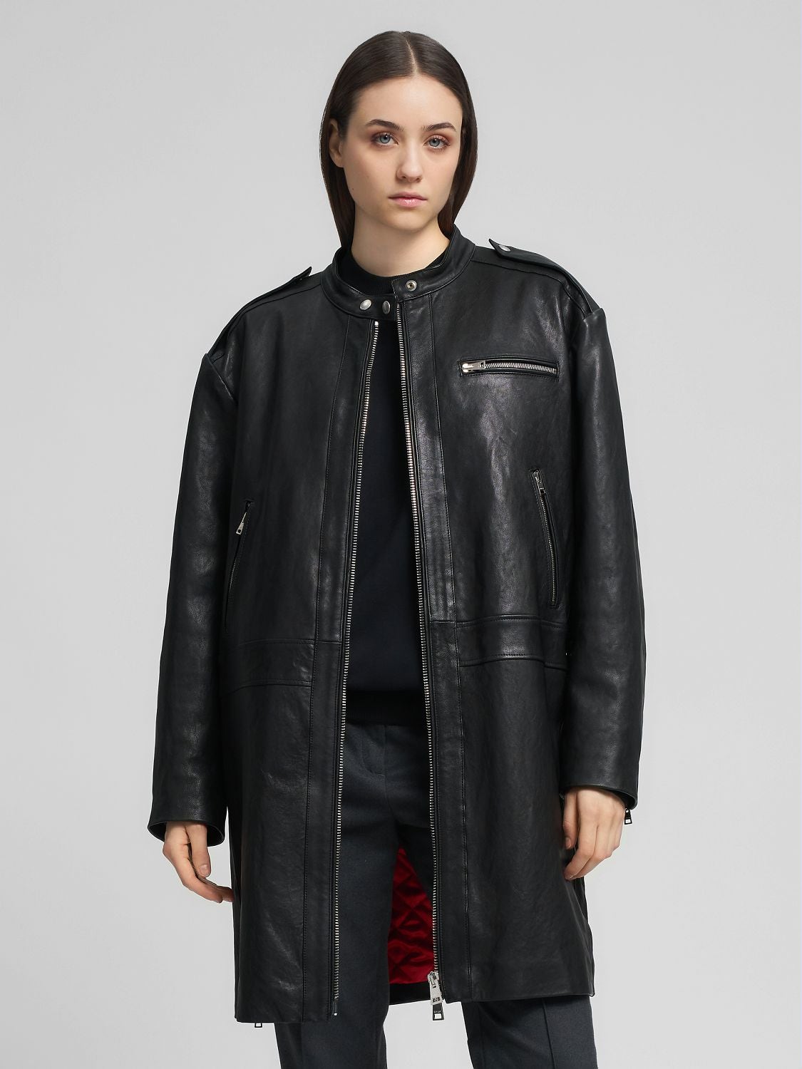 REPLAY LONG LEATHER BIKER JACKET W7927 .000.85436 BLACK 2