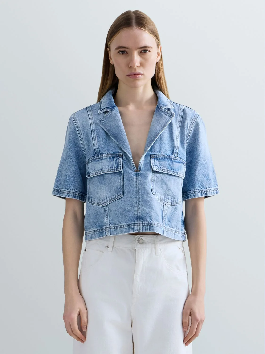 REPLAY CROPPED AGED-LOOK DENIM SHIRT W2436 .000.268 169 LIGHT BLUE 2