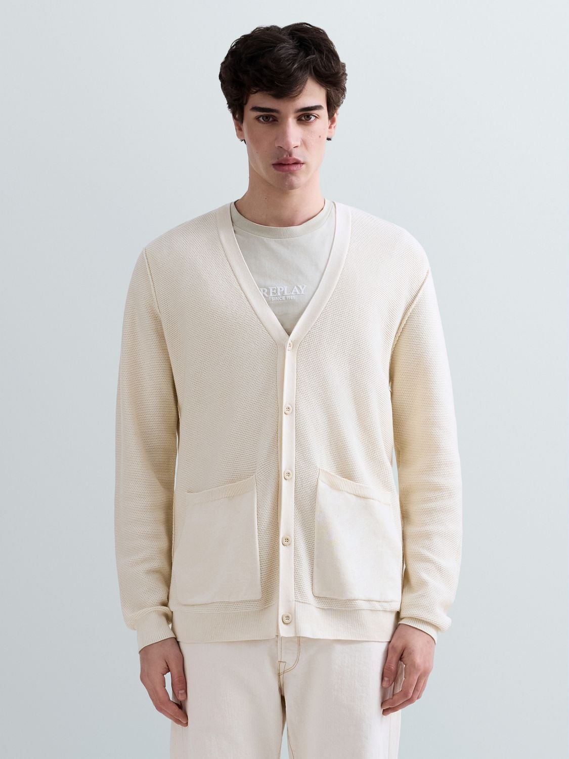 REPLAY COTTON CARDIGAN WITH POCKETS UK5151.000.G23774 IVORY 2