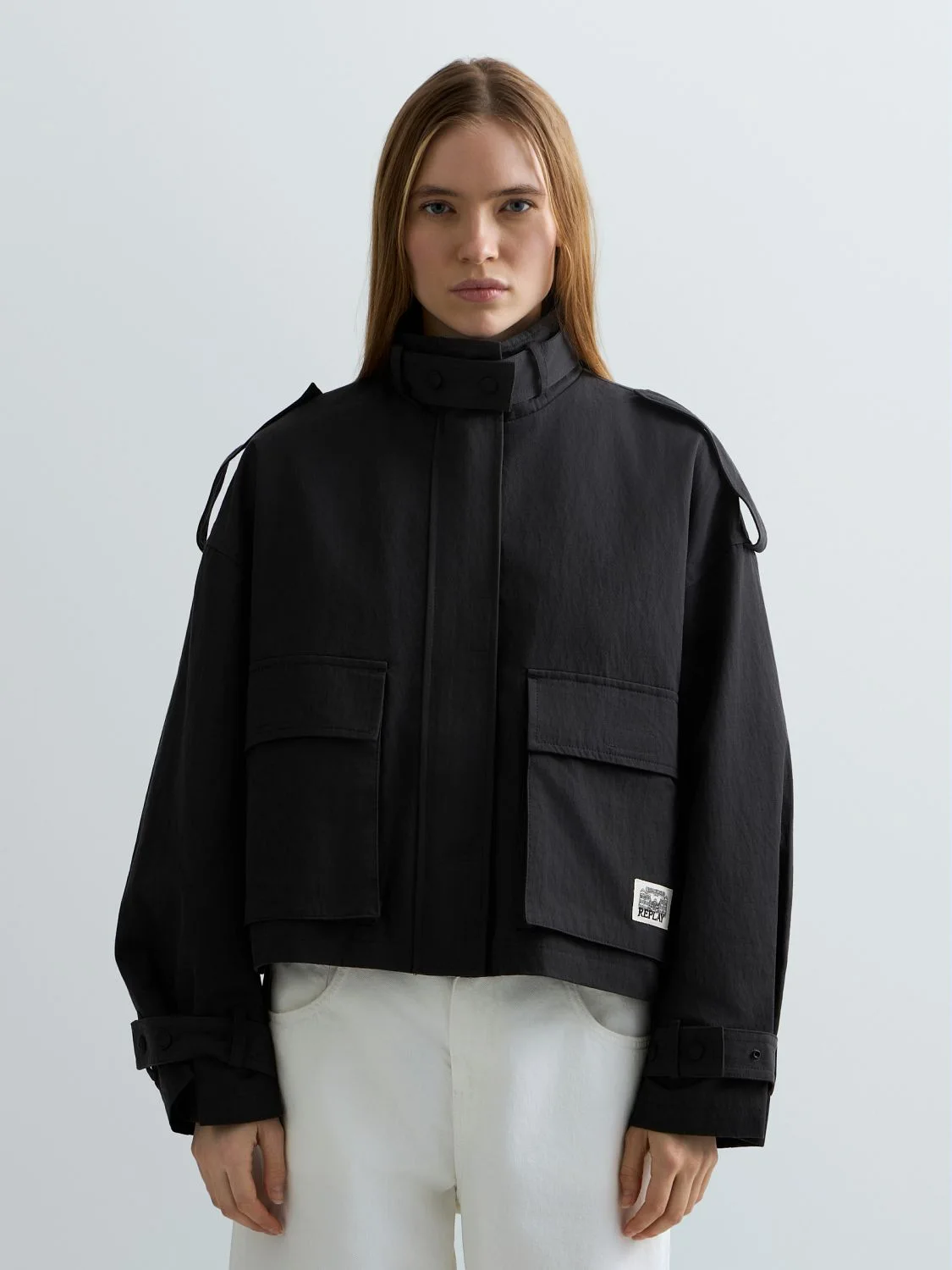 REPLAY CROPPED TWILL TRENCH COAT W7894 .000.85488 BLACK 2