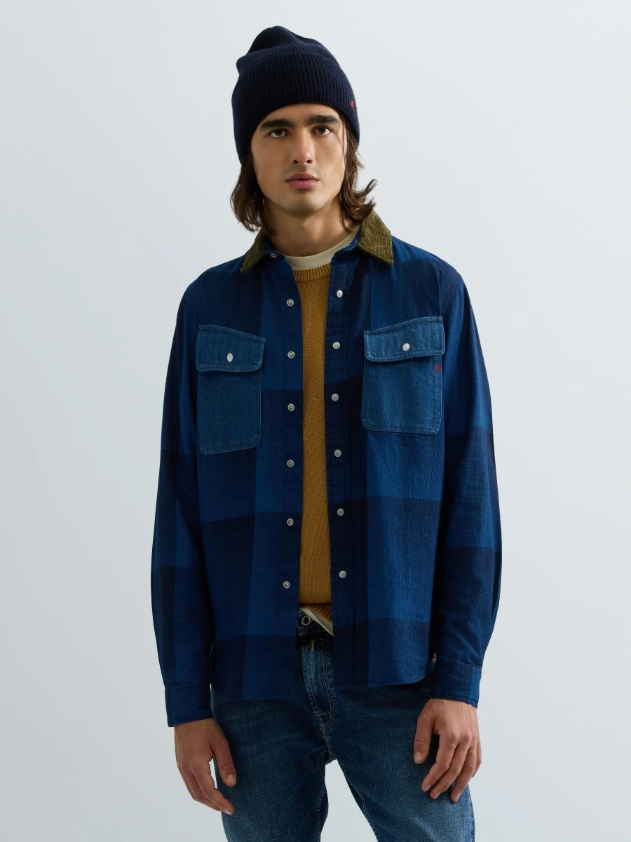 REPLAY INDIGO CHEQUERED SHIRT WITH CONTRASTING POCKETS AND COLLAR M105U .000.723SWW LT INDIGO/DK INDIGO MACROCHECK 2