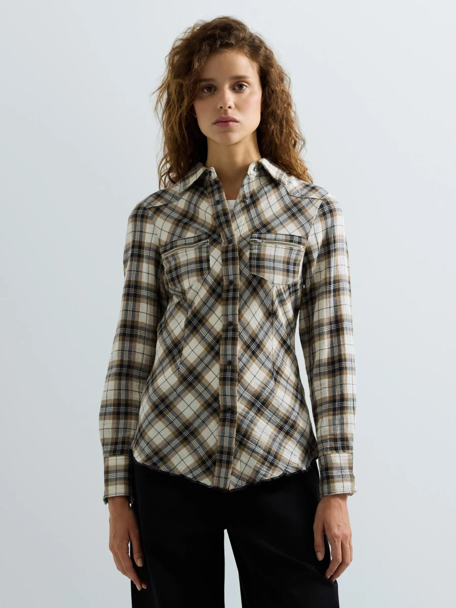 REPLAY CHEQUERED COTTON SHIRT W0022 .000.723VW BUTTER/BROWN RICE/DEEP BLUE 2