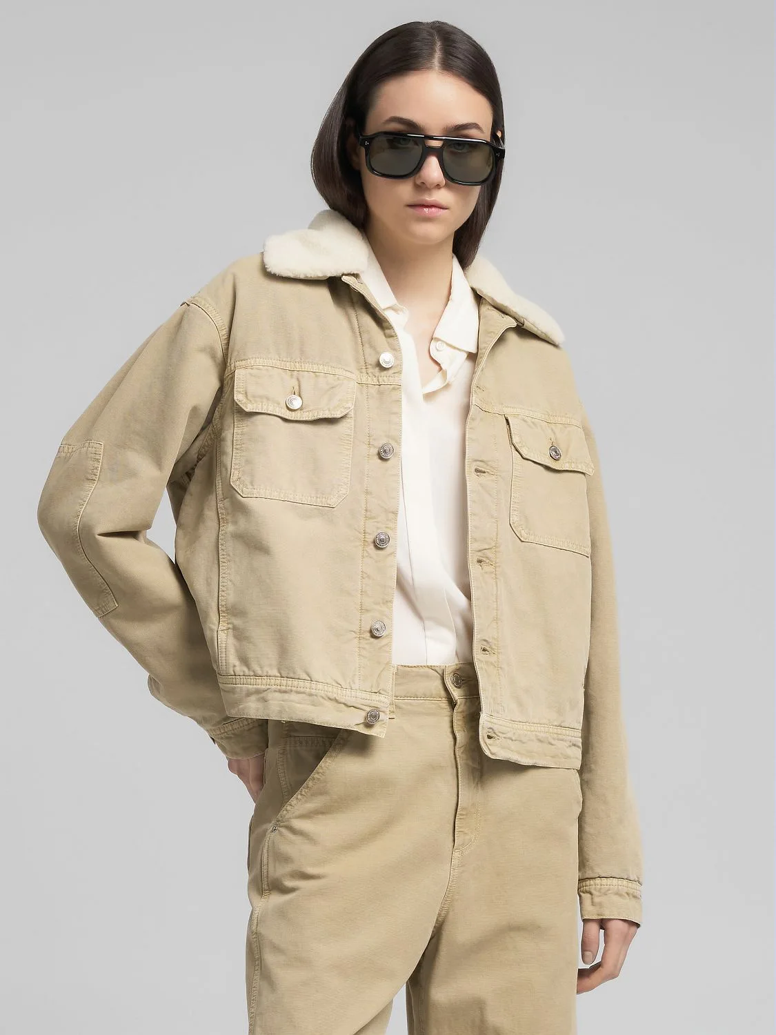 REPLAY COTTON AND FAUX FUR CANVAS JACKET W7960 .000.85424 STONE IVORY 2