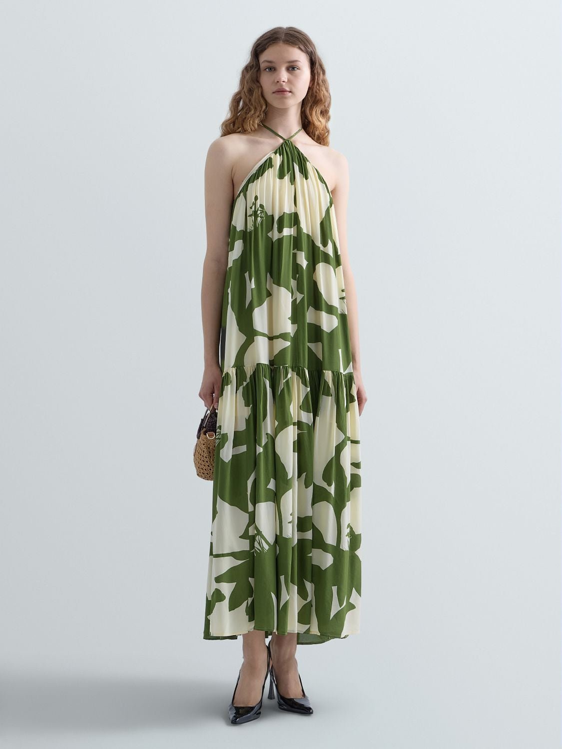 REPLAY LONG A-LINE DRESS WITH FLORAL PRINT W9245 .000.75108 WHITE/GREEN 1