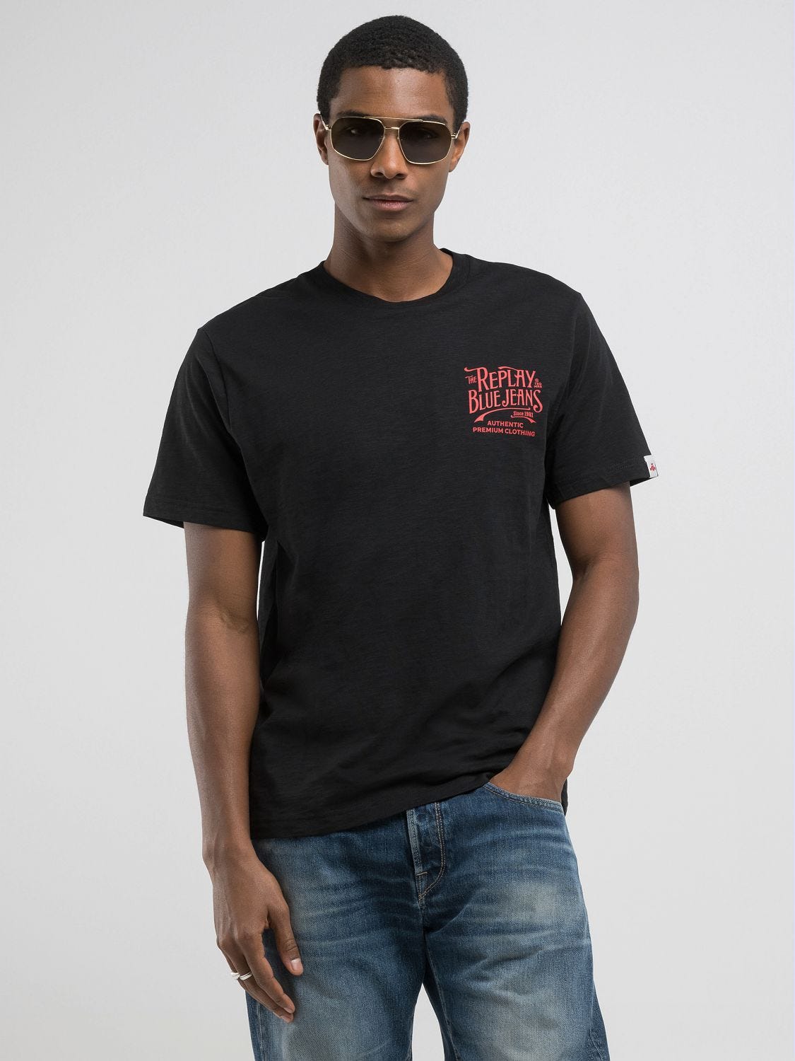 送料込★REPLAY★M3028.000.22336GTシャツ Shot jersey t-shirt with print Steel blue | Replay Jeans
