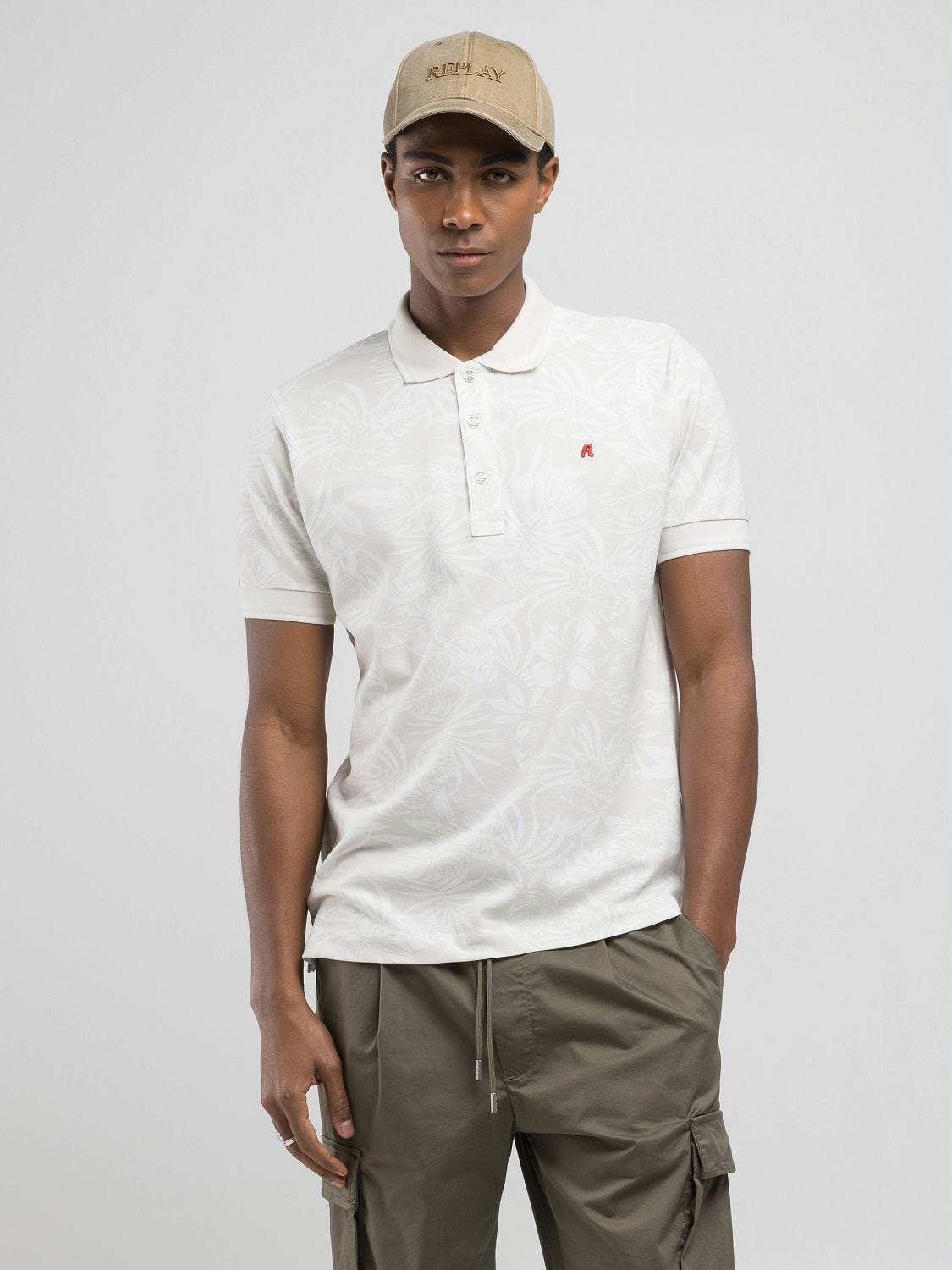 Piqué polo-shirt with print All over flowers alabaster/wht